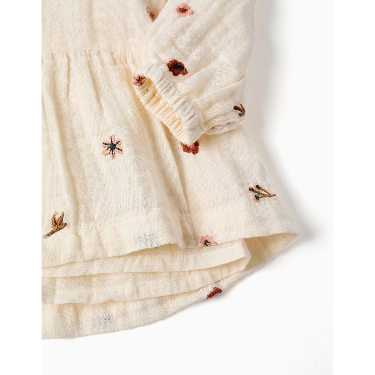 Robe en coton à manches longues avec broderie florale blanc, ZIPPY