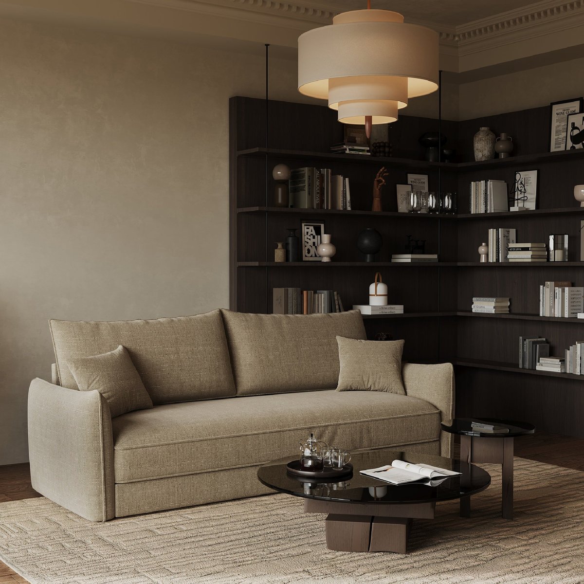 Canapé convertible 3 places en tissu tramé PLUME taupe, SIA HOME