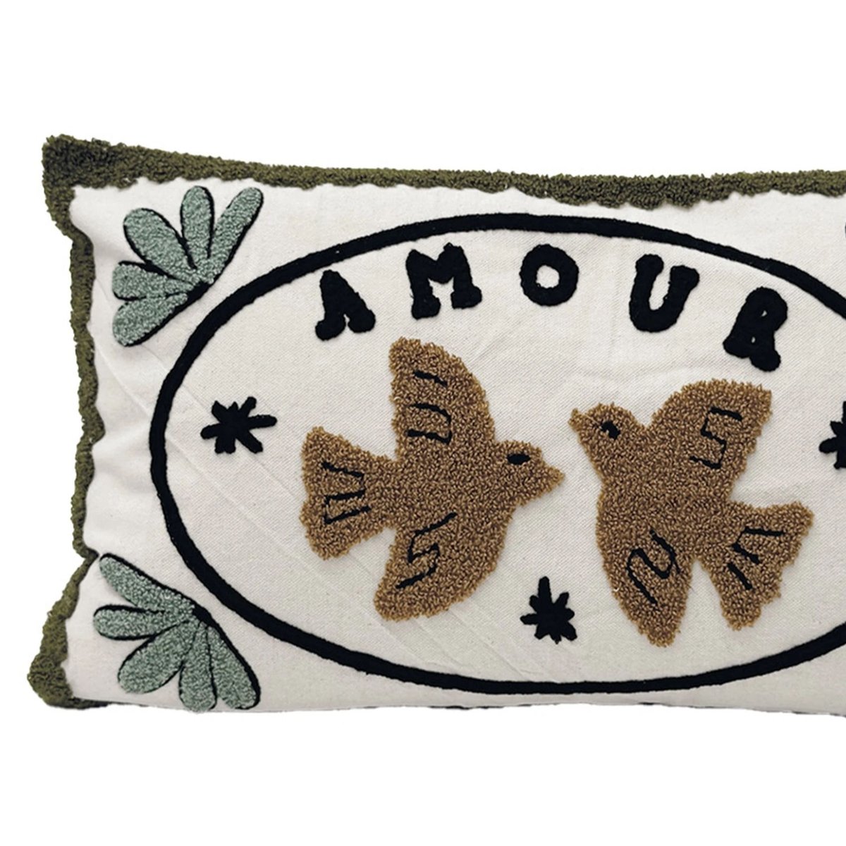 Coussin brodé avec motif oiseaux et "amour" marron foncé, OPJET