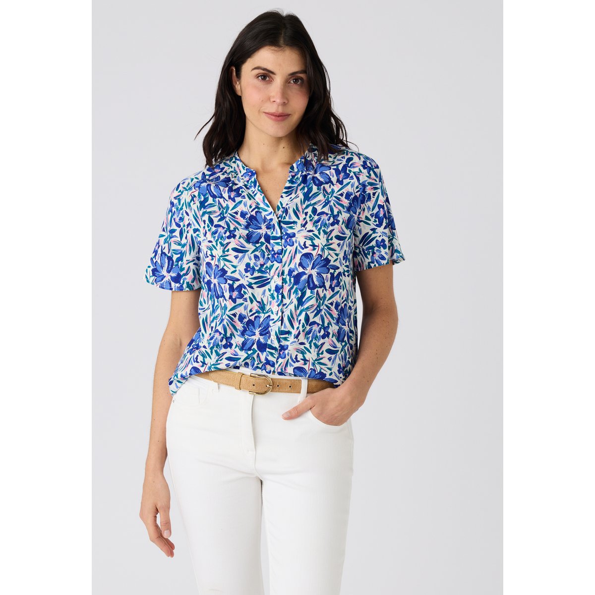 Blouse imprimée manches courtes Climatyl bleu fleuri, DAMART