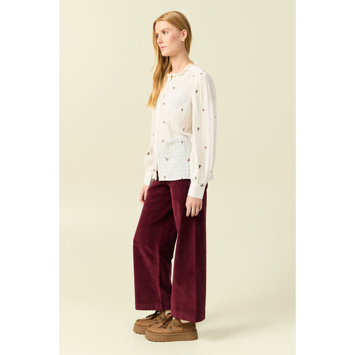Chemise manches longues en coton brodée blanc, BONOBO
