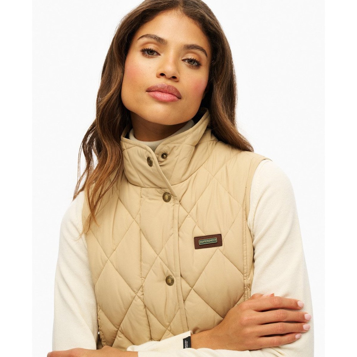 Veste sans manches à doublure bordée de velours côtelé beige shaker, SUPERDRY