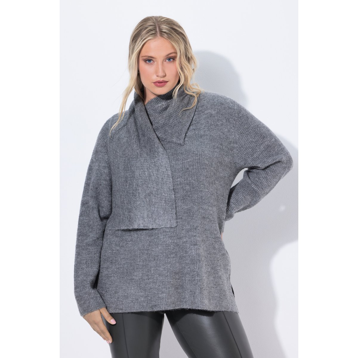Pull en maille côtelée à manches longues gris béton, ULLA POPKEN
