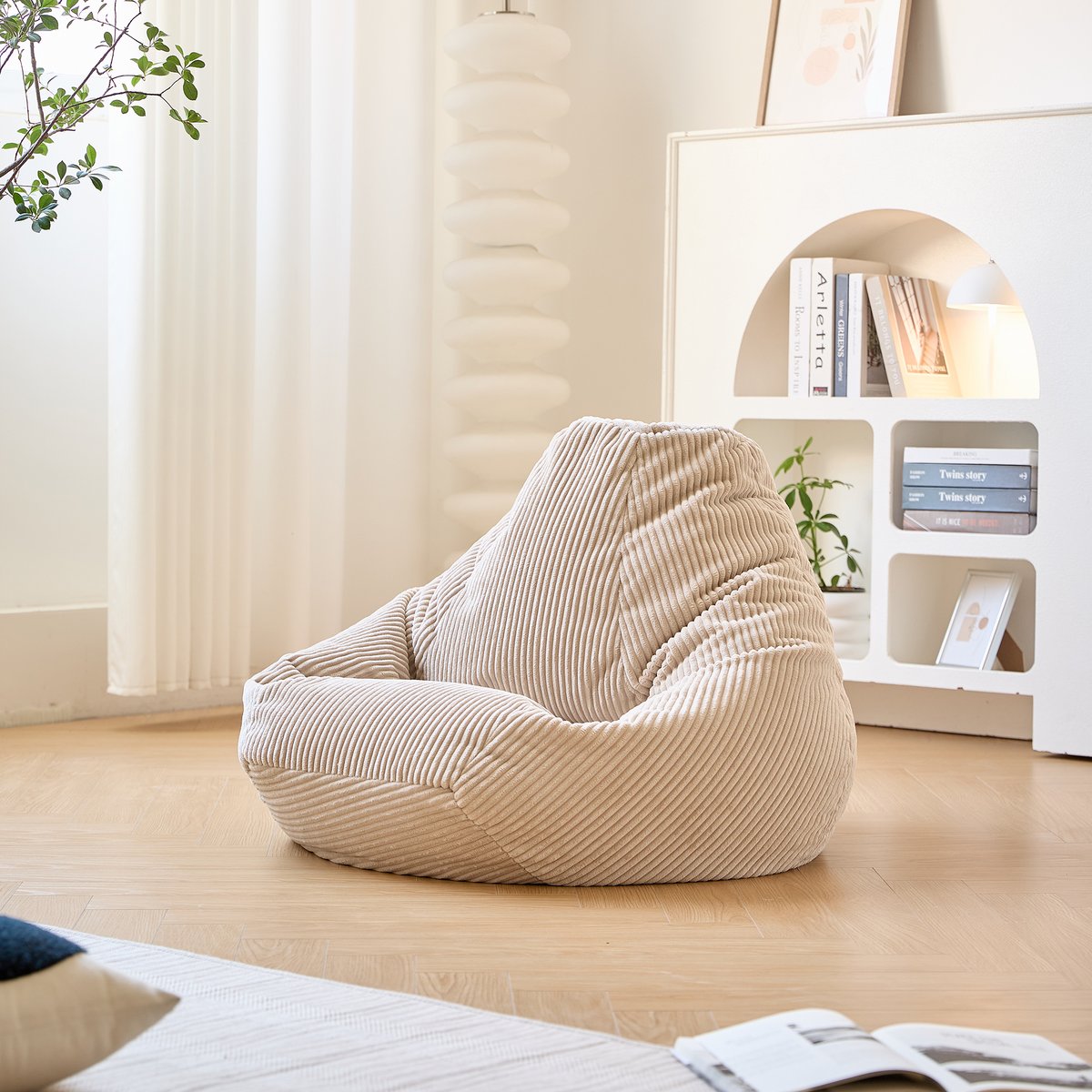 Pouf de salon, velours côtelé, GRANA beige, NORDLYS