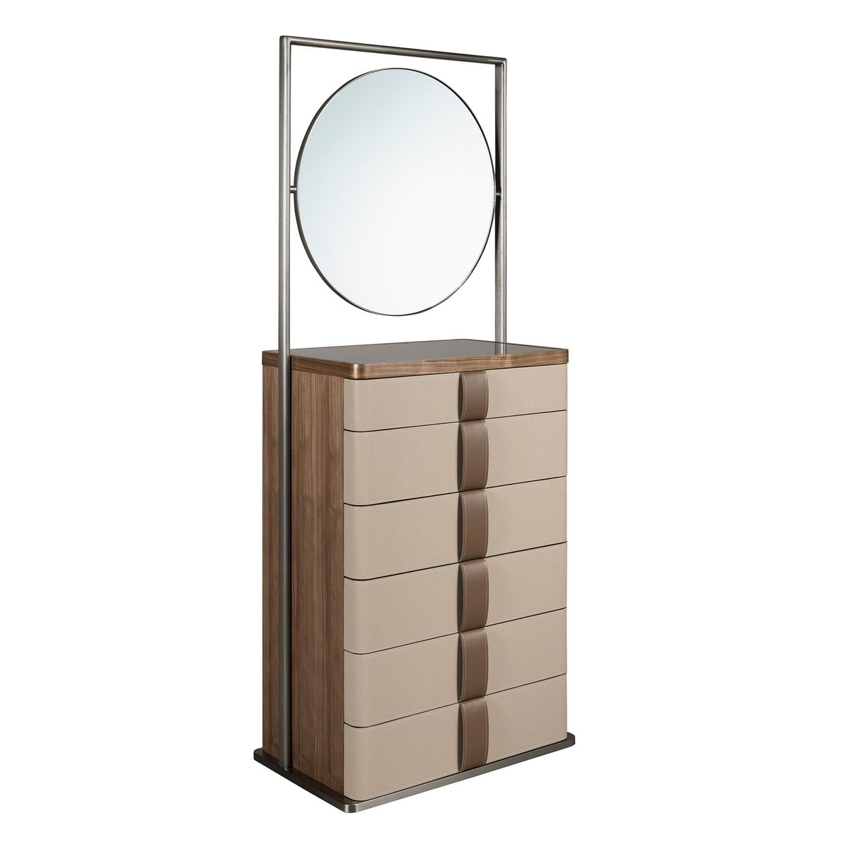 Commode en similicuir, noyer, acier et plateau en verre fumé avec miroir taupe | noyer | acier, ANGEL CERDA