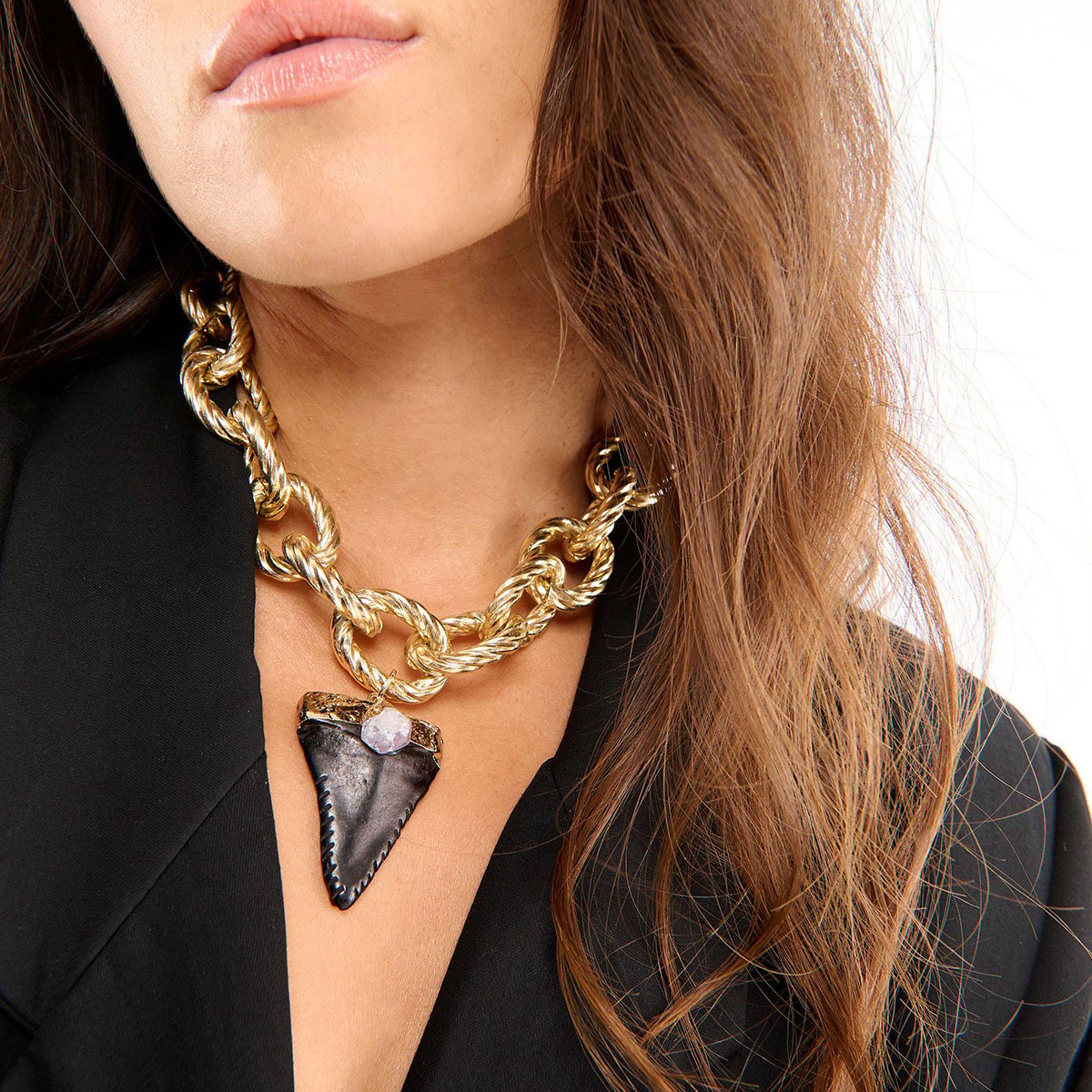 Collier chaîne grosse maille jaseron et pendentif pierre ASHBY noir, HIPANEMA