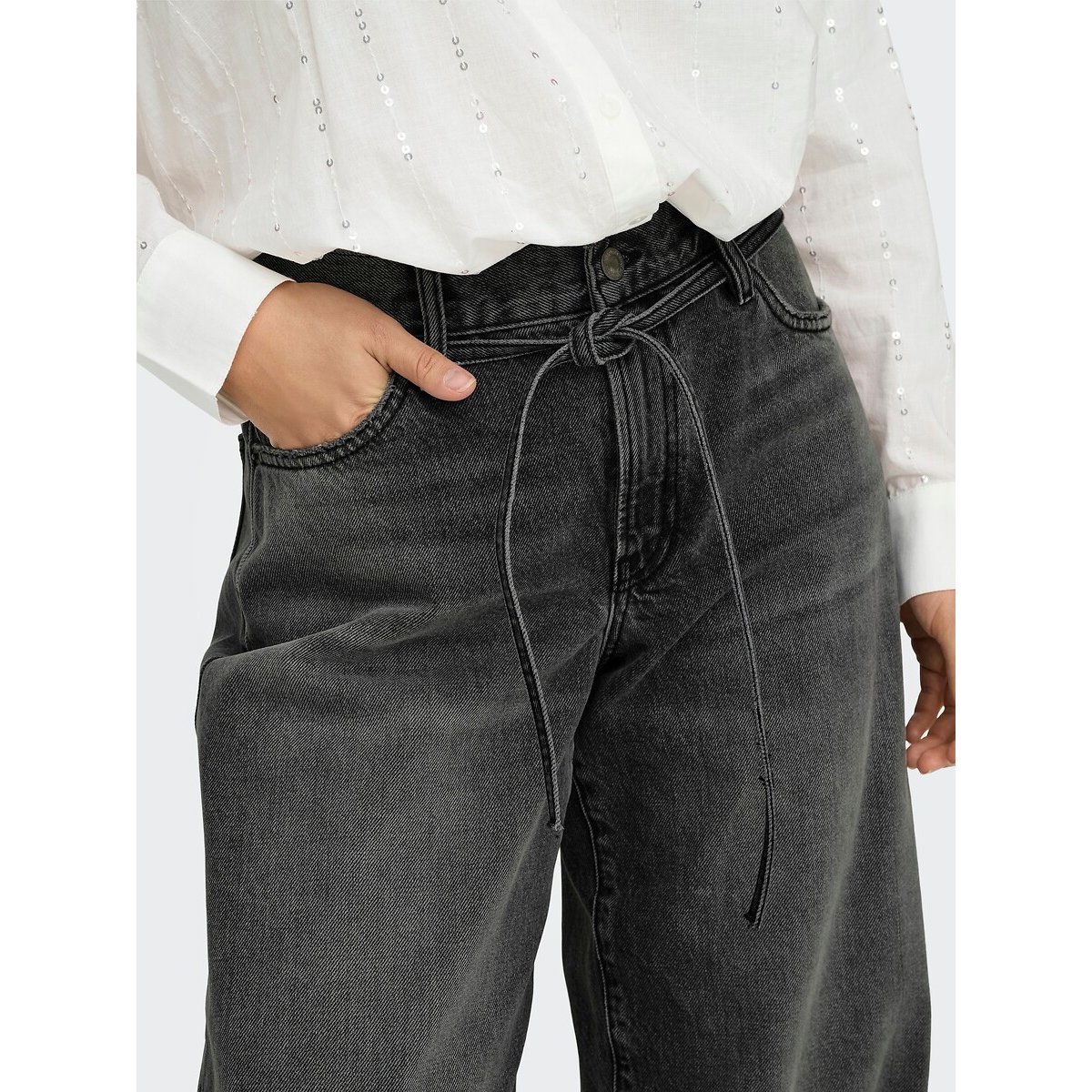 Jean large avec lien resserable noir denim, ONLY