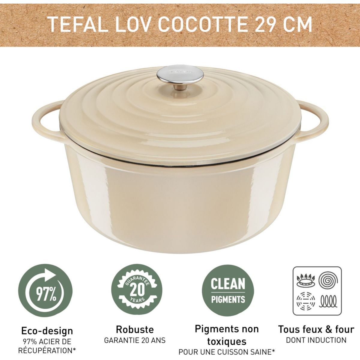 Cocotte Fonte LOV faitout 29cm beige beige, TEFAL