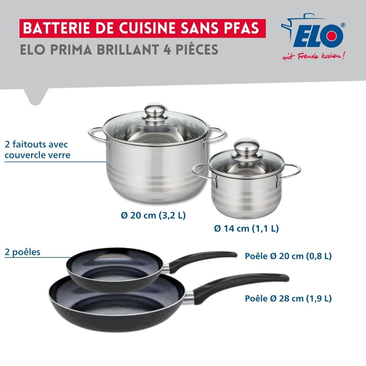 Batterie 2 poêles 20/28cm + 2 faitouts 14/20cm PRIMA BRILLANT noir, ELO