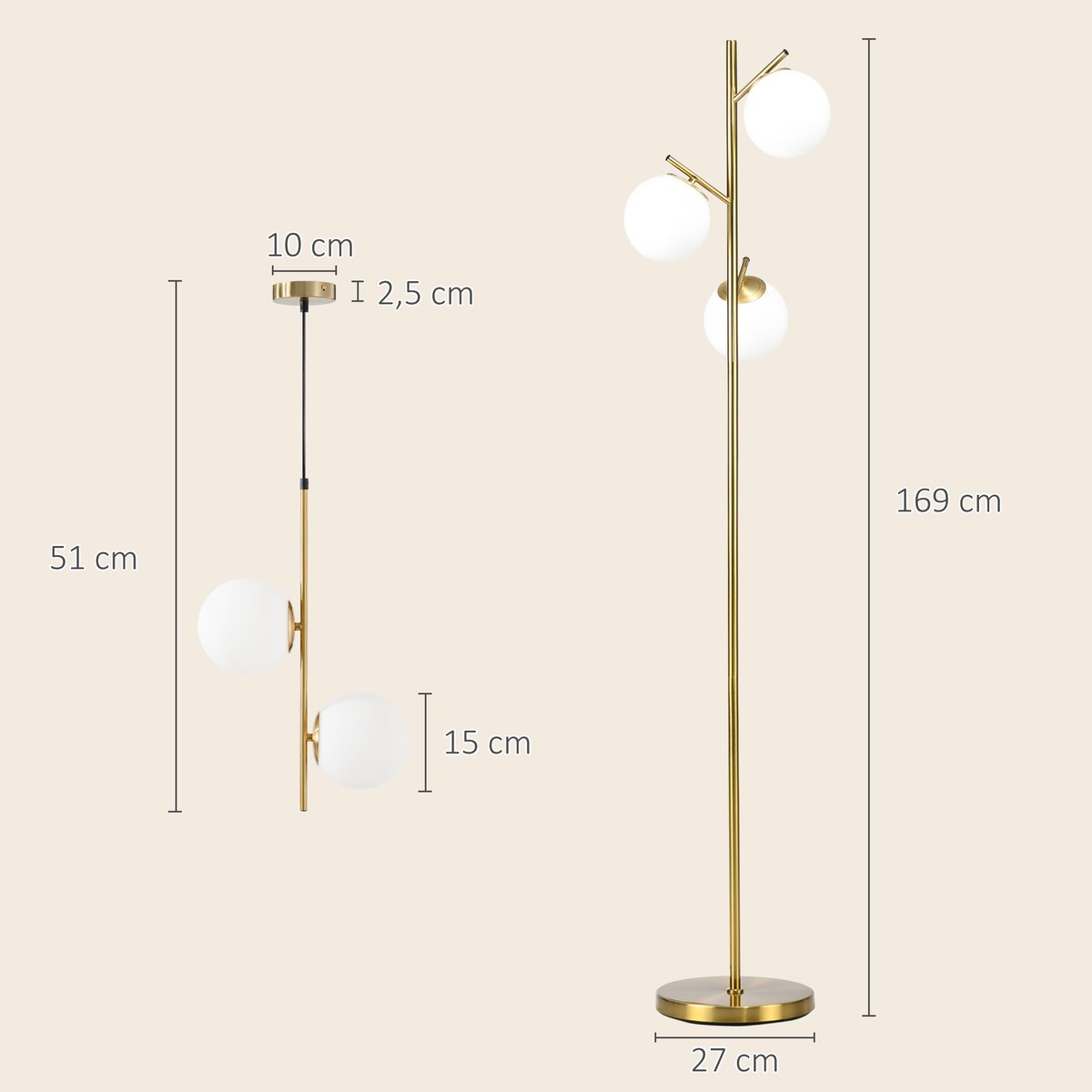 Lampadaire + suspension Métal Or doré, blanc, HOMCOM