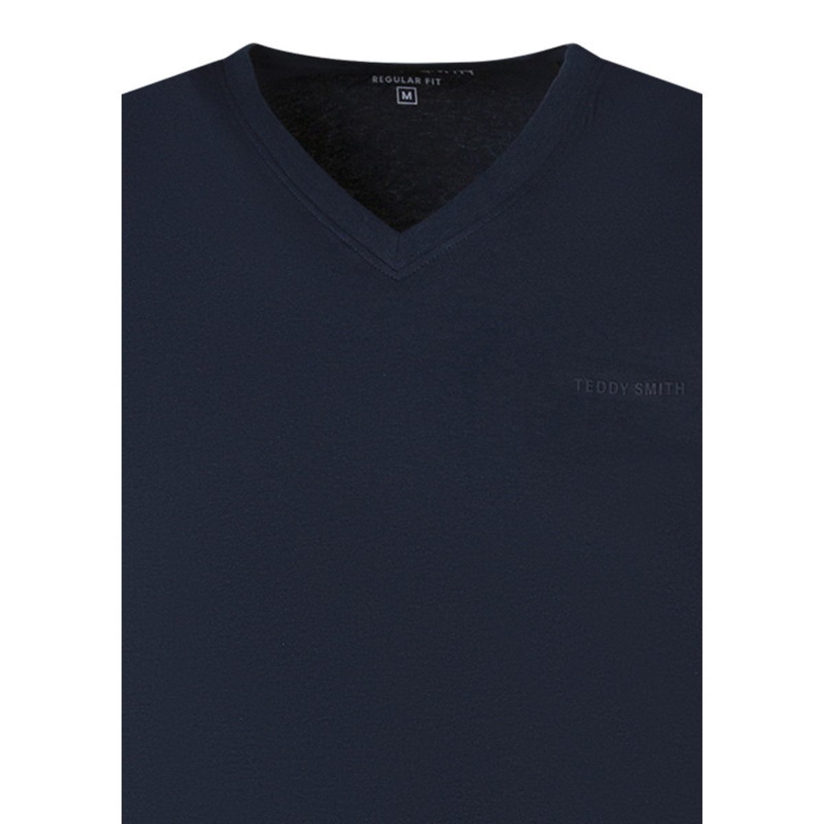 T-shirt en coton bleu foncé à coupe droite pourvu d'un col v bleu foncé, TEDDY SMITH
