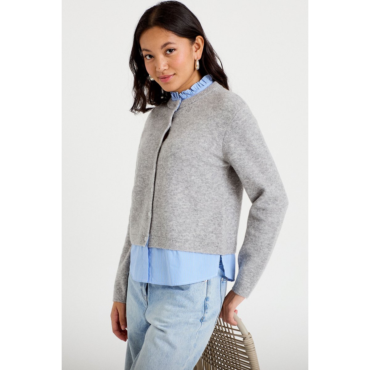 Gilet 2-en-1 col chemise manches longues gris clair, CACHE CACHE