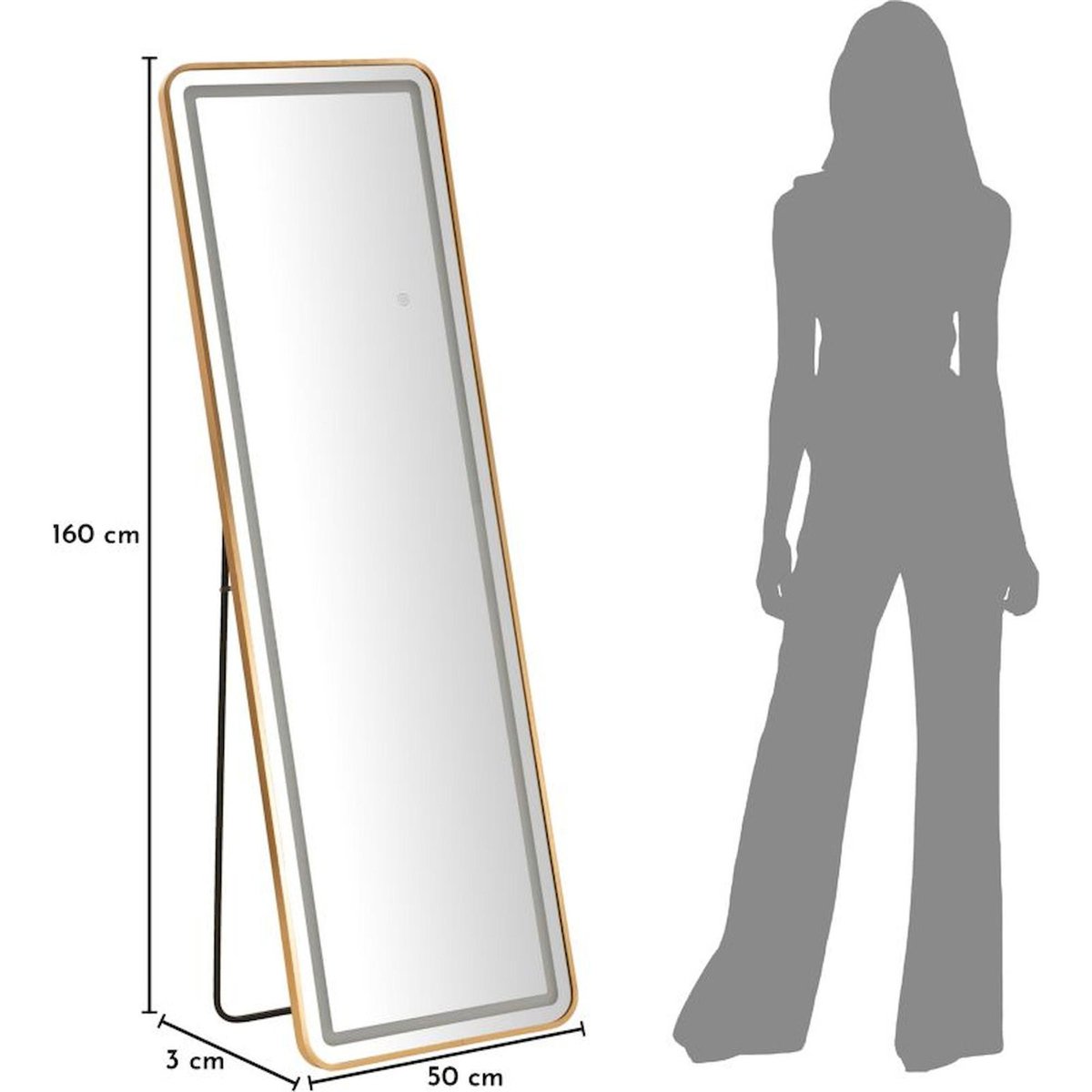 Miroir sur pied rectangulaire LED doré, RECOLLECTION