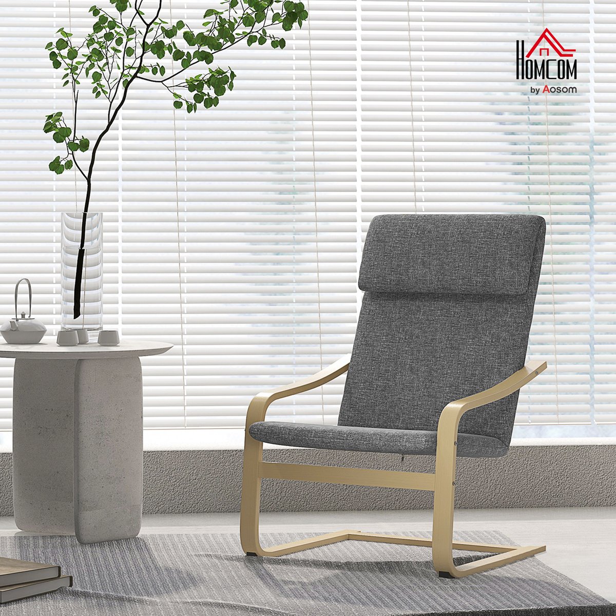 Accent Chair Polyester Gris gris foncé, cadre bois naturel, HOMCOM