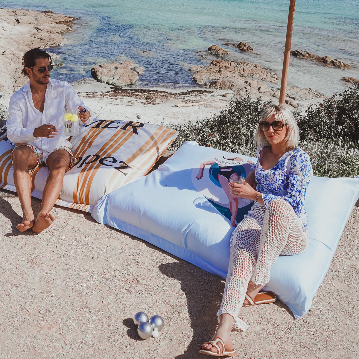 Pouf XL extérieur imperméable Hello Saint Tropez bleu, MX HOME