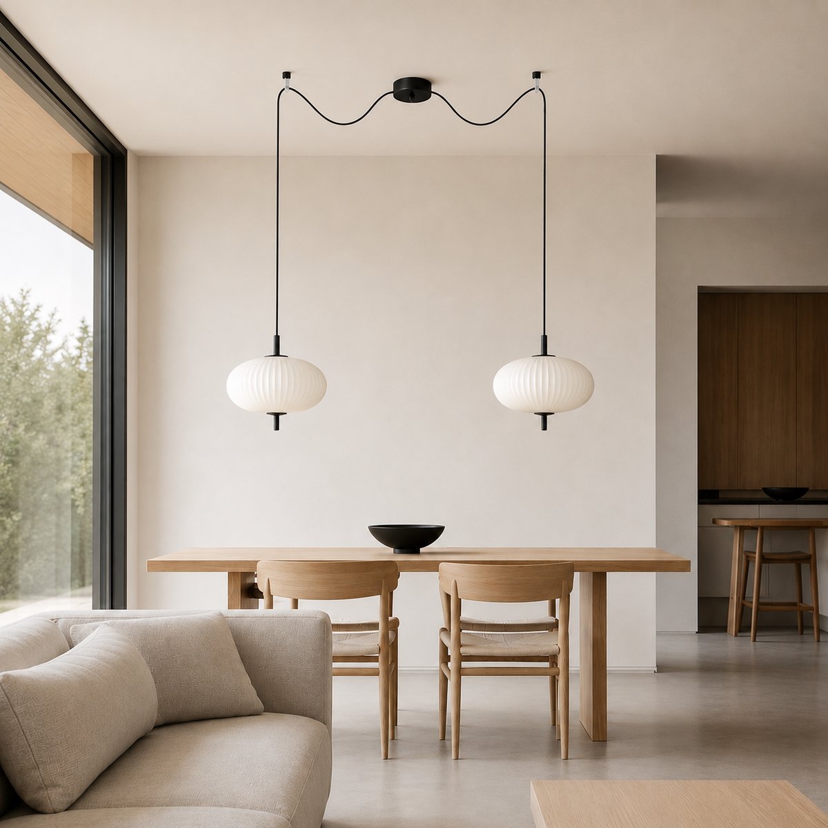 Suspension, métal et verre opalin, ARIA noir mat, ALTASSINA