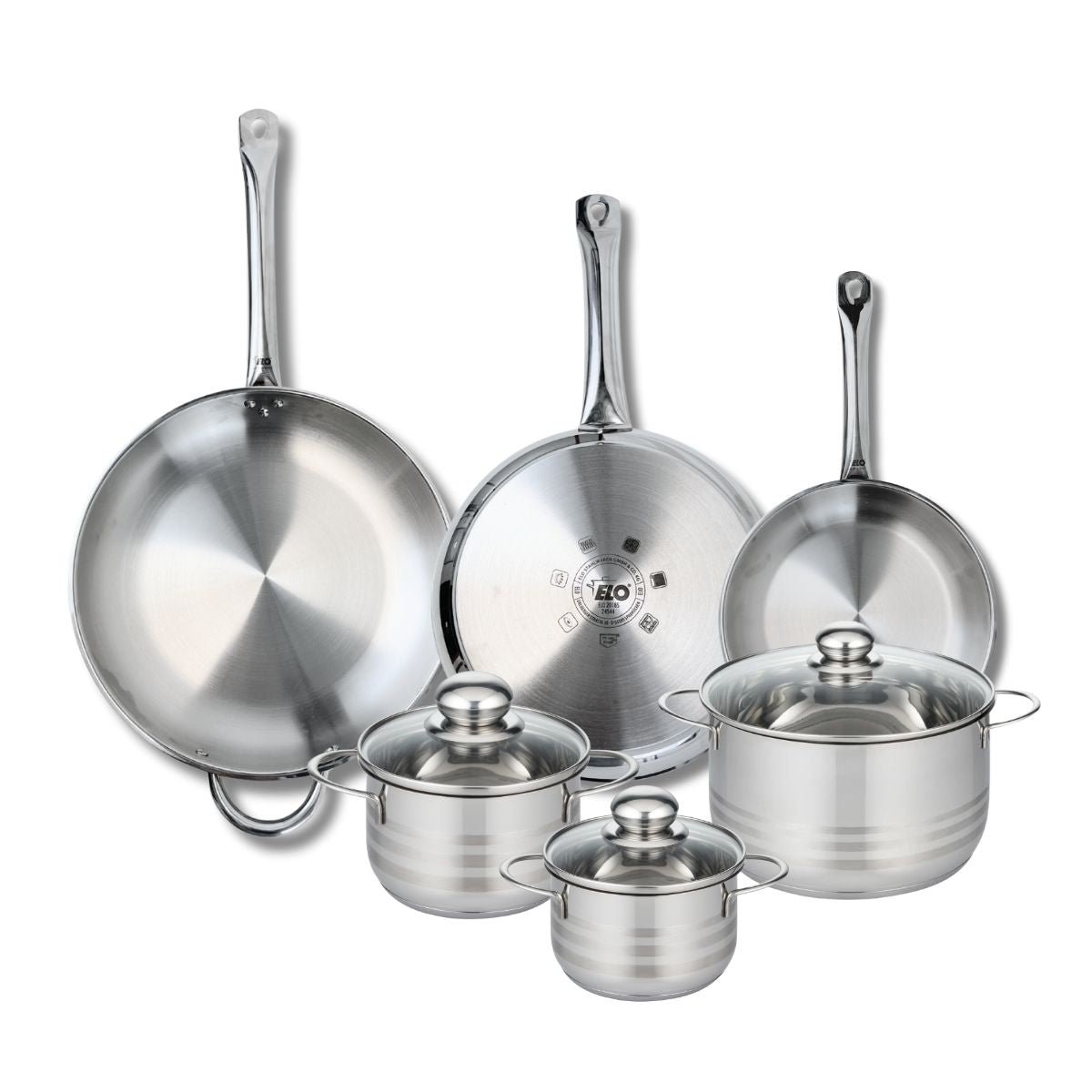 3 poêles 24/28/32cm + 3 faitouts 14/16/20cm PROFI BRILLANT gris, ELO