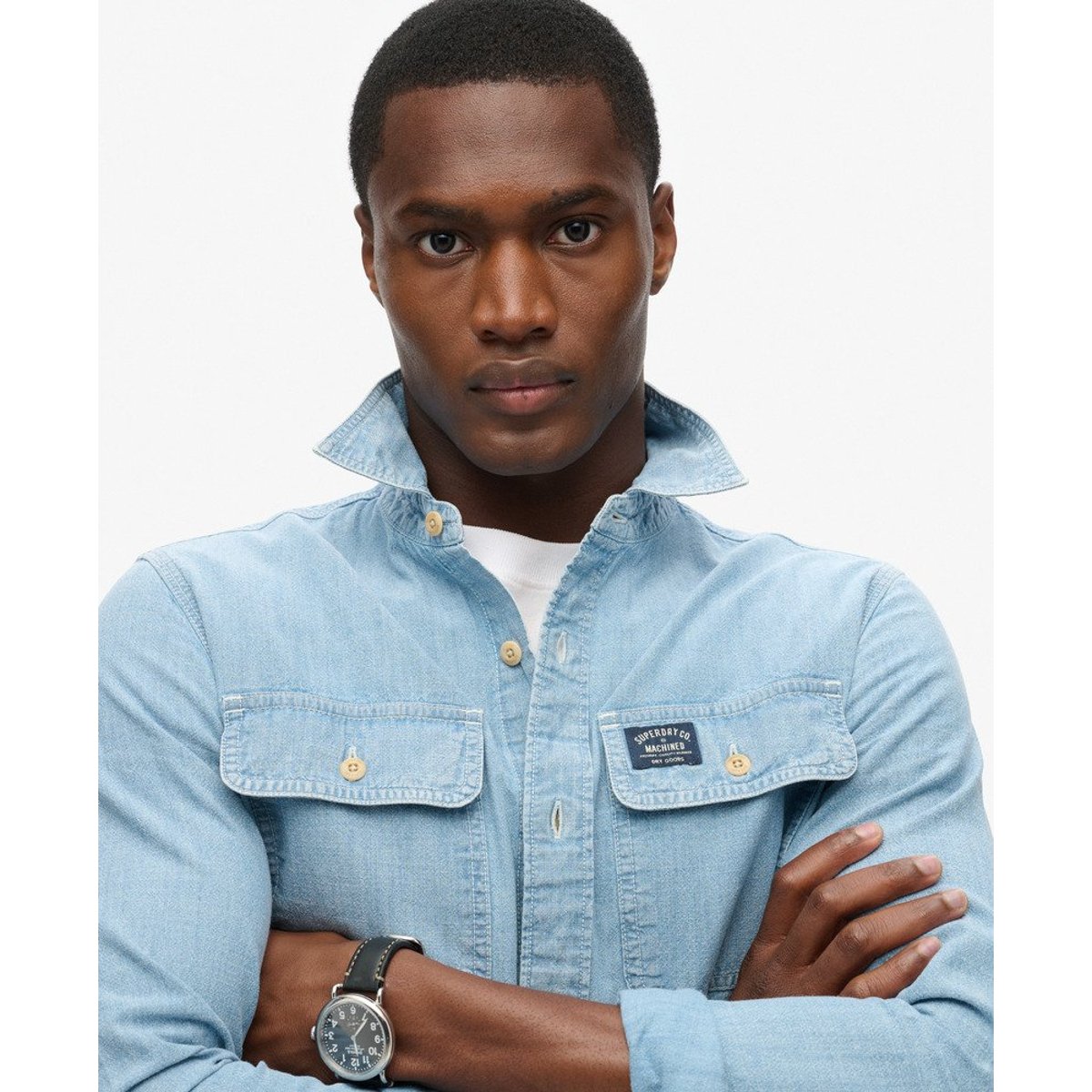 Chemise à manches longues en coton Workwear bleu clair, SUPERDRY