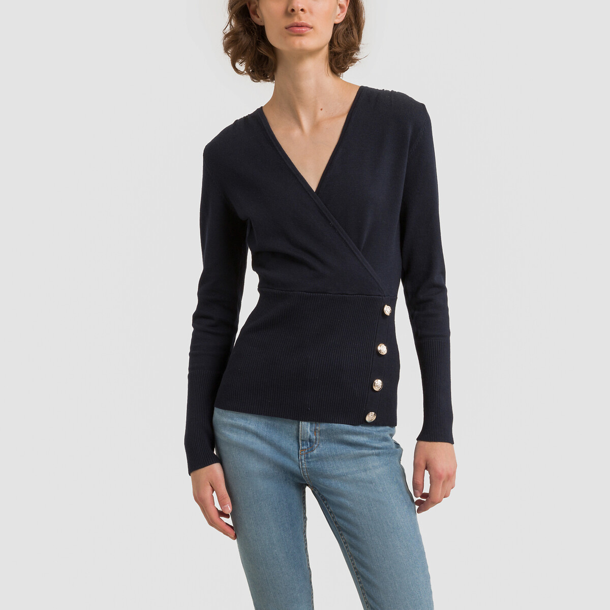 Fine Knit Jumper with V-Neck navy, MORGAN
