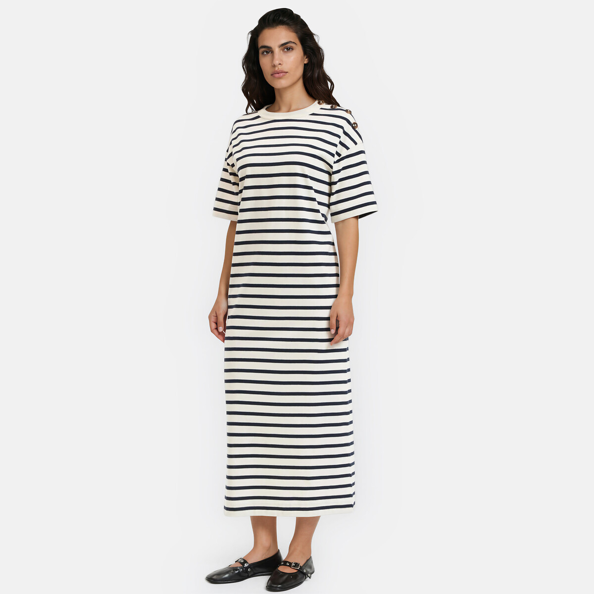 Robe longue jersey rayé boutonnage épaule rayé marine/écru, LA REDOUTE COLLECTIONS