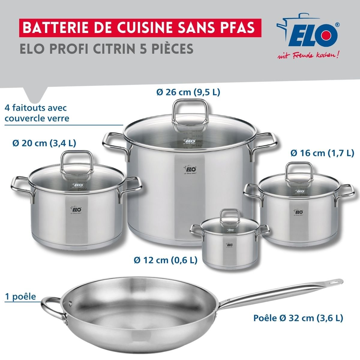 Batterie 1 poêle 32cm + 4 faitouts 12/16/20/26cm PROFI CITRIN gris, ELO