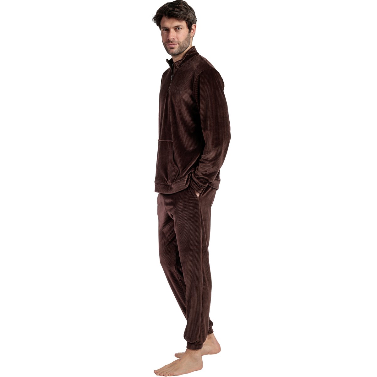 Pyjama pantalon sweat col montant zippé Corduroy marron, ADMAS