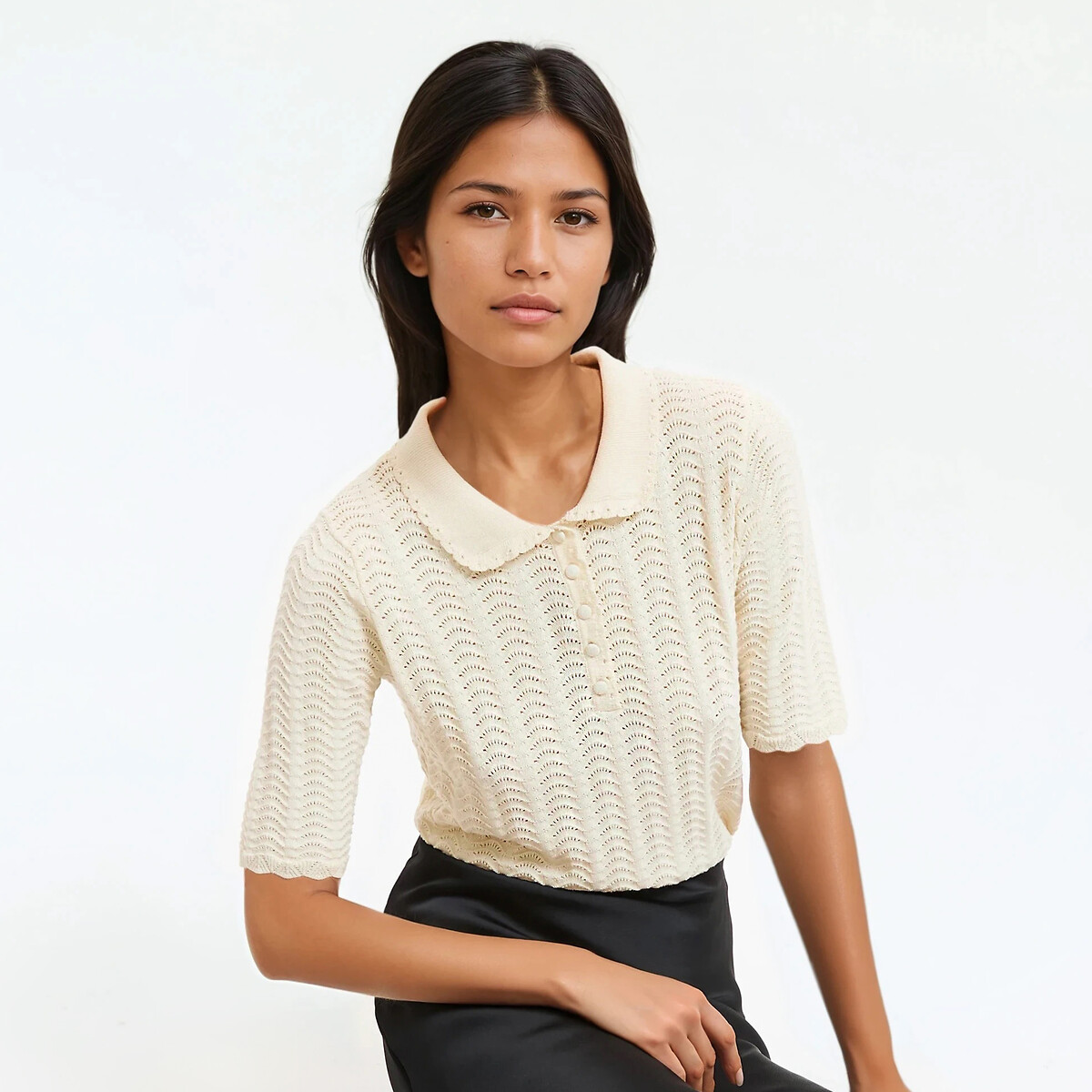 Pull col polo en coton, fine maille ajourée ivoire, LA REDOUTE COLLECTIONS