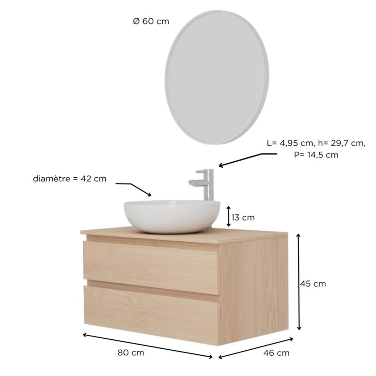 Ensemble meuble simple vasque 80 cm + vasque + robinet + miroir SORRENTO chêne - mdf - brillant, MOB IN