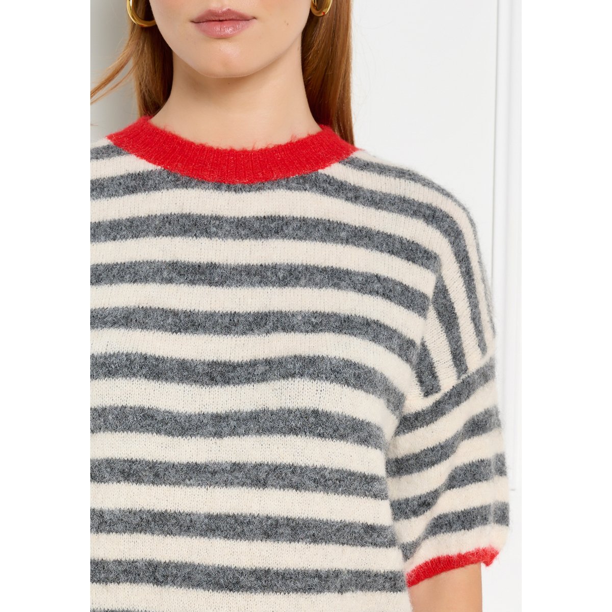Pull rayé à manches courtes gris, LOLALIZA