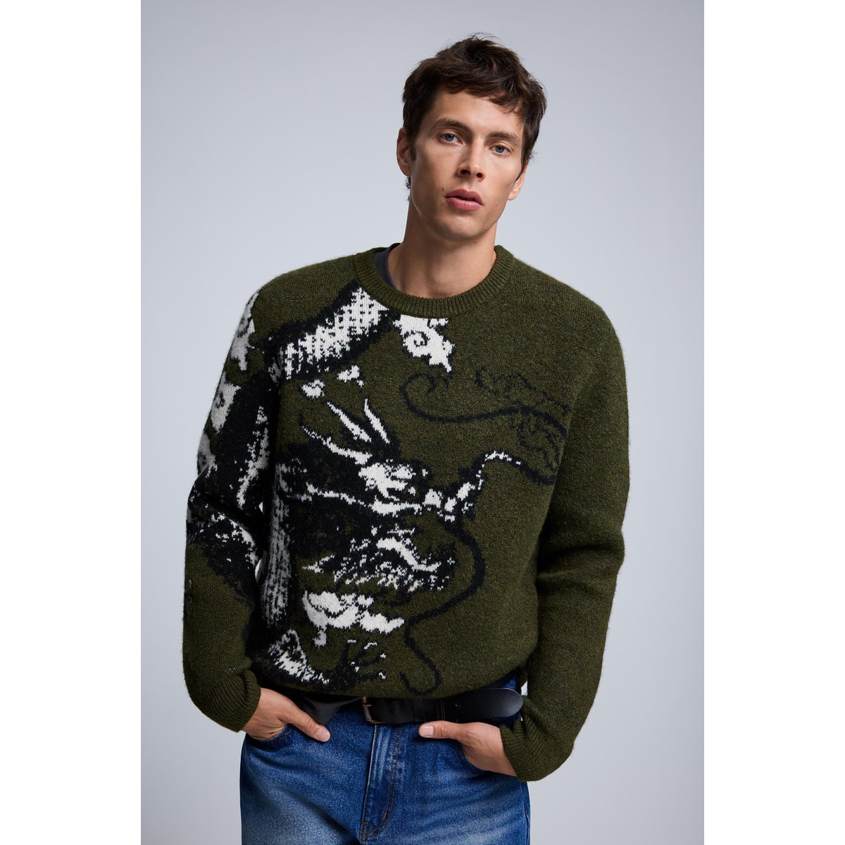 Pull jacquard imprimé vert, DESIGUAL