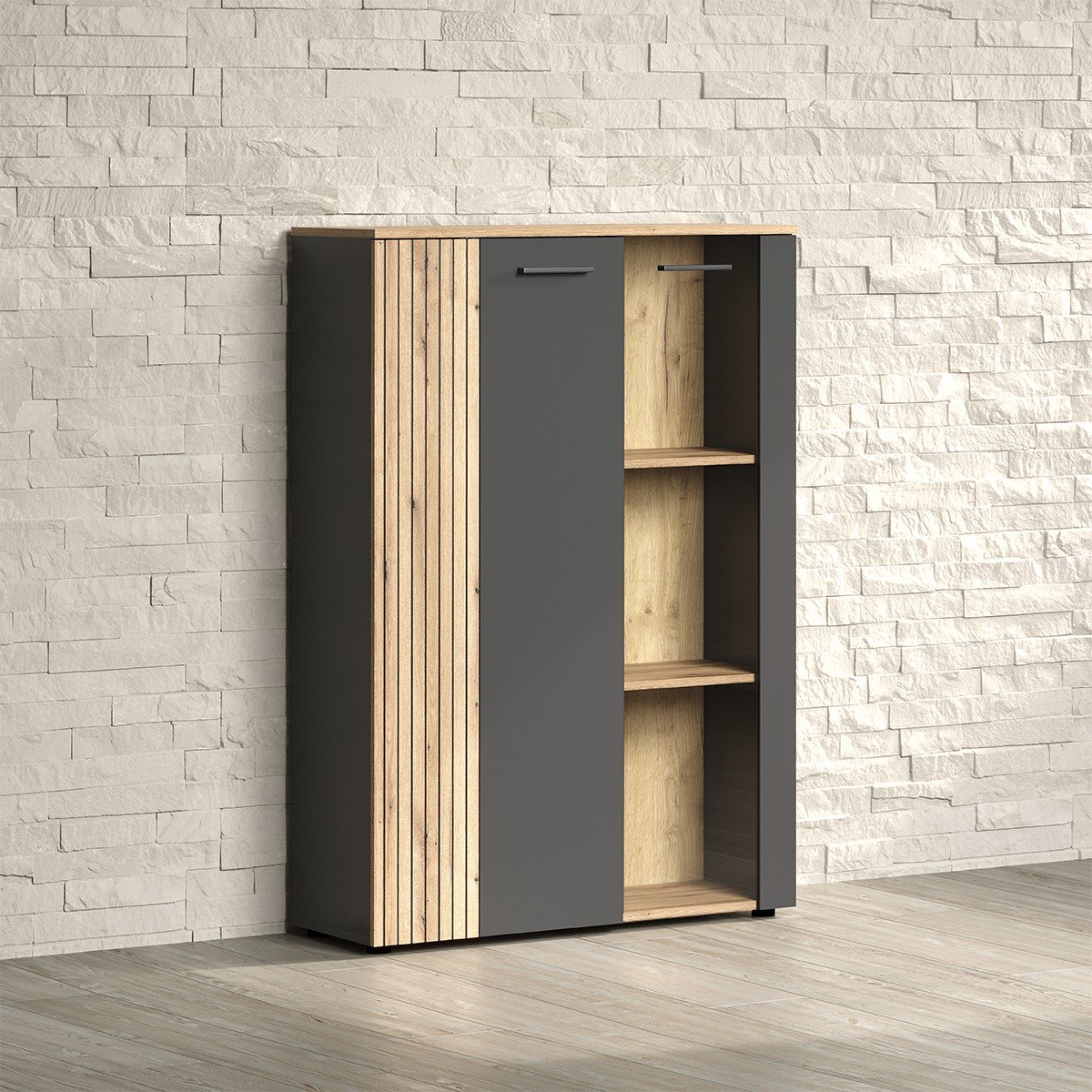 Rangement vitré 2 portes dont une avec verre trempé L90cm - Esteban gris anthracite, CALICOSY