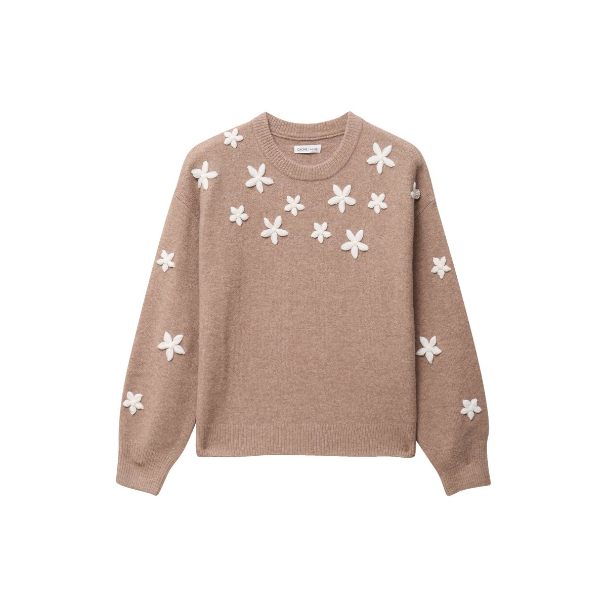 Pull oversize brodé manches longues beige, CACHE CACHE