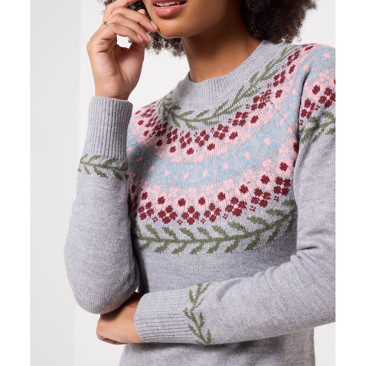 Robe en Maille Jacquard Fair Isle Fleurie gris, JOE BROWNS