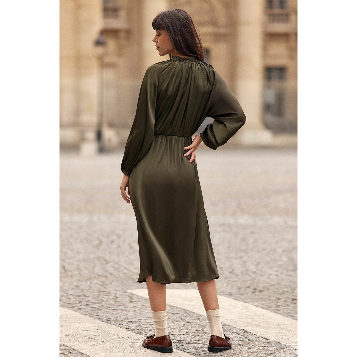 Renan V-Neck Midi Dress with Long Sleeves khaki, LA PETITE ETOILE