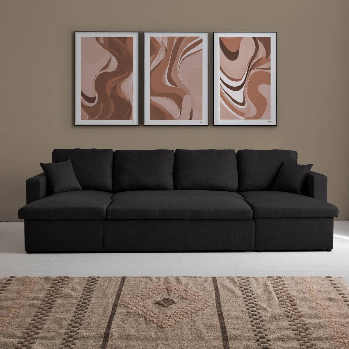 Canapé panoramique convertible 4 places tissu avec coffre URBAN gris foncé, SWEEEK