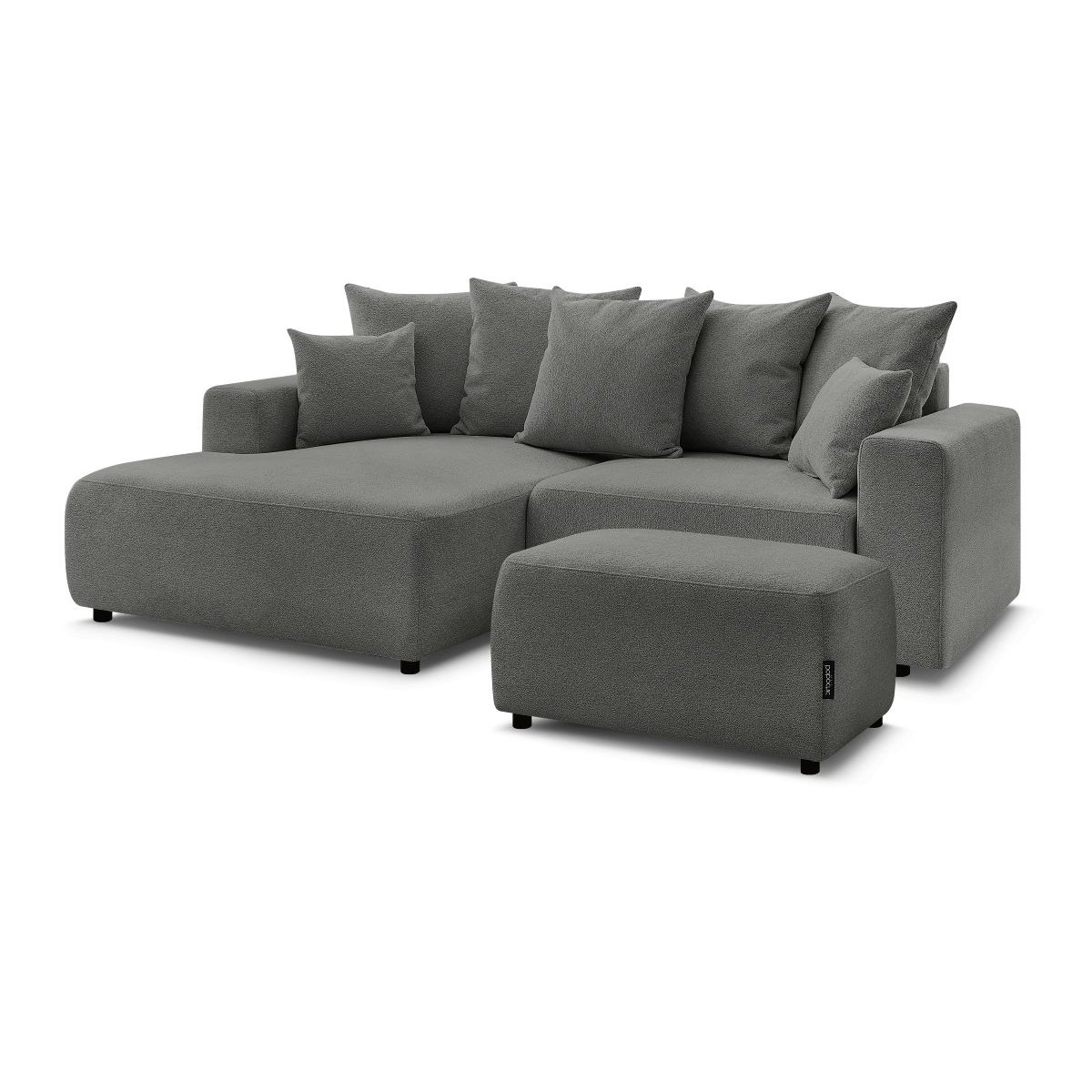 Canapé d'angle convertible 5 places en tissu chiné avec pouf, ATILLA gris foncé, BOBOCHIC