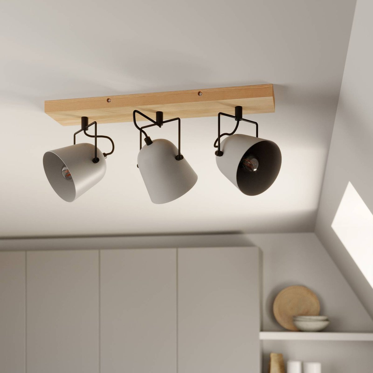 Spot en bois moderne, Adalin gris, bois clair, noir, LINDBY