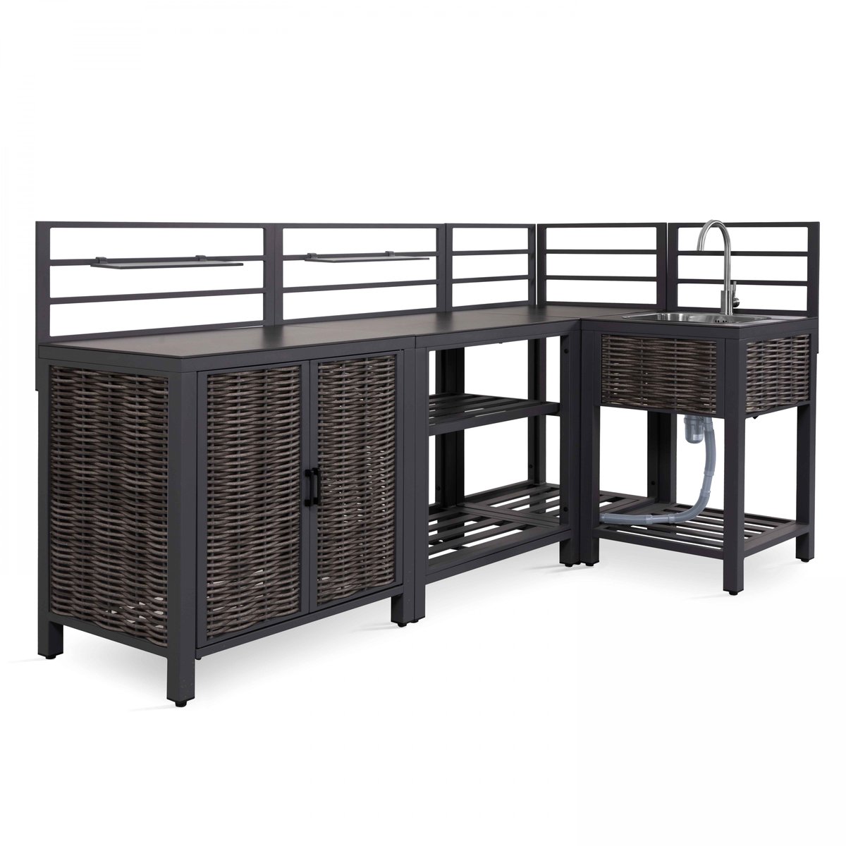 Meuble évier cuisine extérieure aluminium/résine tressée, CLARI gris anthracite, OVIALA