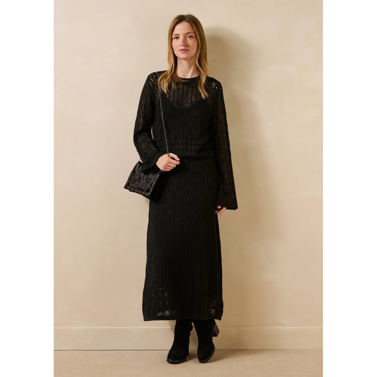 Robe ajustée en maille ajourée manches longues noir, LA FEE MARABOUTEE