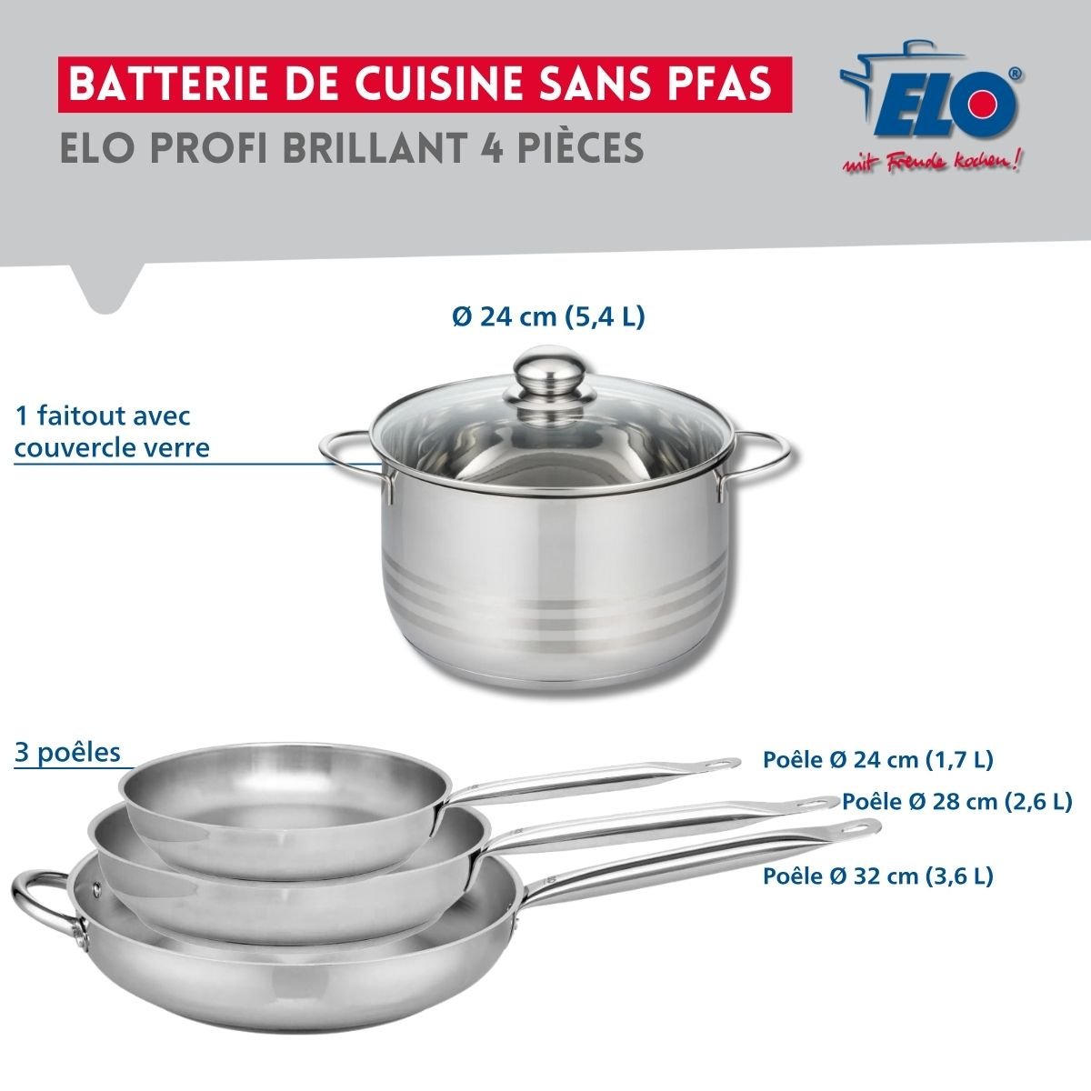 Batterie 3 poêles 24/28/32cm + 1 faitout 24cm PROFI BRILLANT gris, ELO