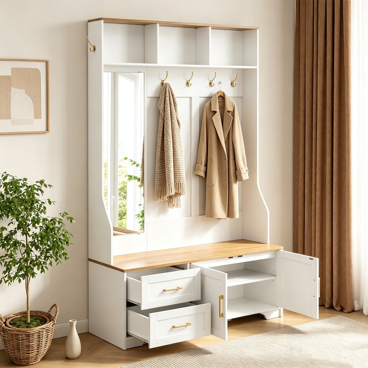 Vestiaire d'entrée avec miroir banc et rangement, PORTER-G hêtre, MEUBLES COSY