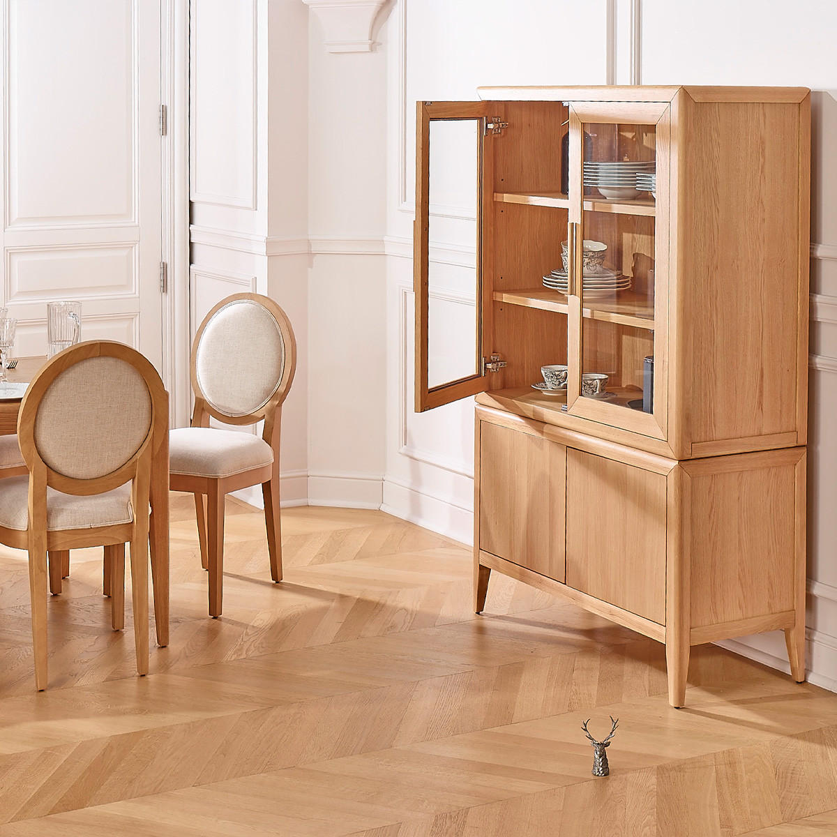Vaisselier en chêne style contemporain, 4 portes, 3 étagères TENNESSEE beige, ROBIN DES BOIS
