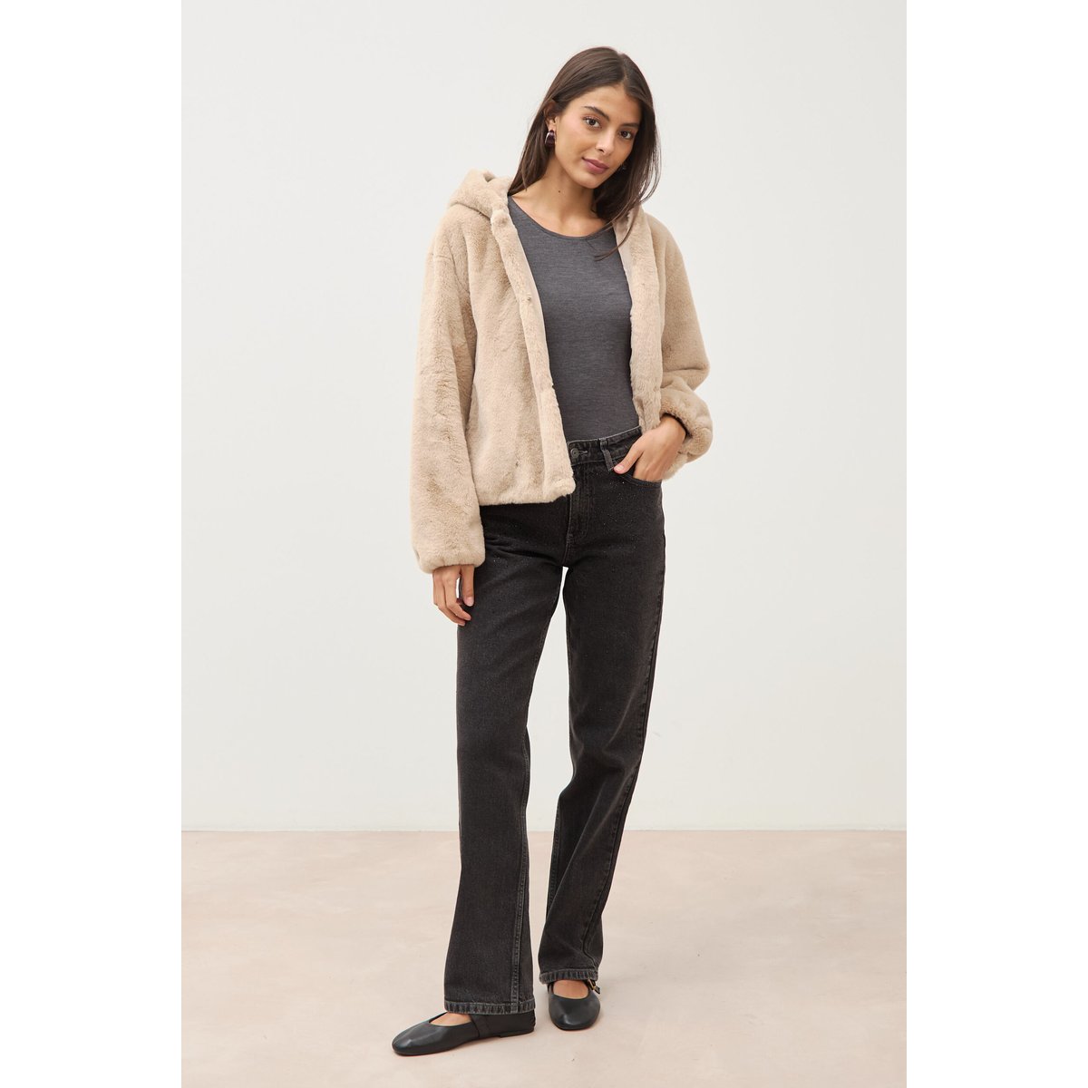 Blouson ample court col montant beige, BONOBO