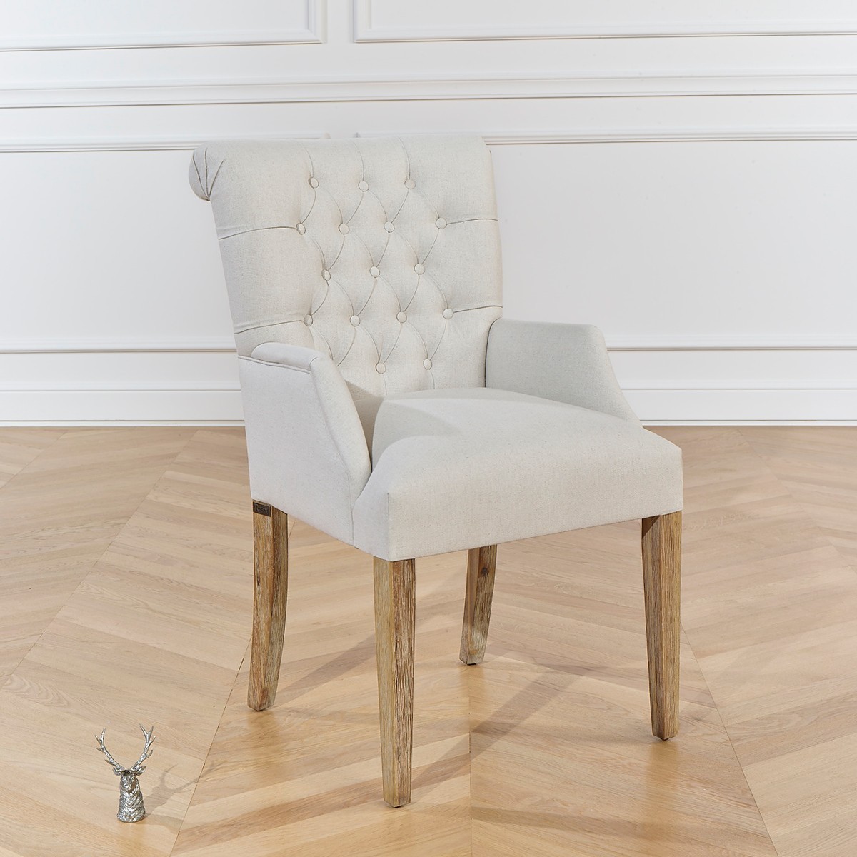 Fauteuil de table capitonné style contemporain en hévéa et lin coton AGATA ficelle, ROBIN DES BOIS