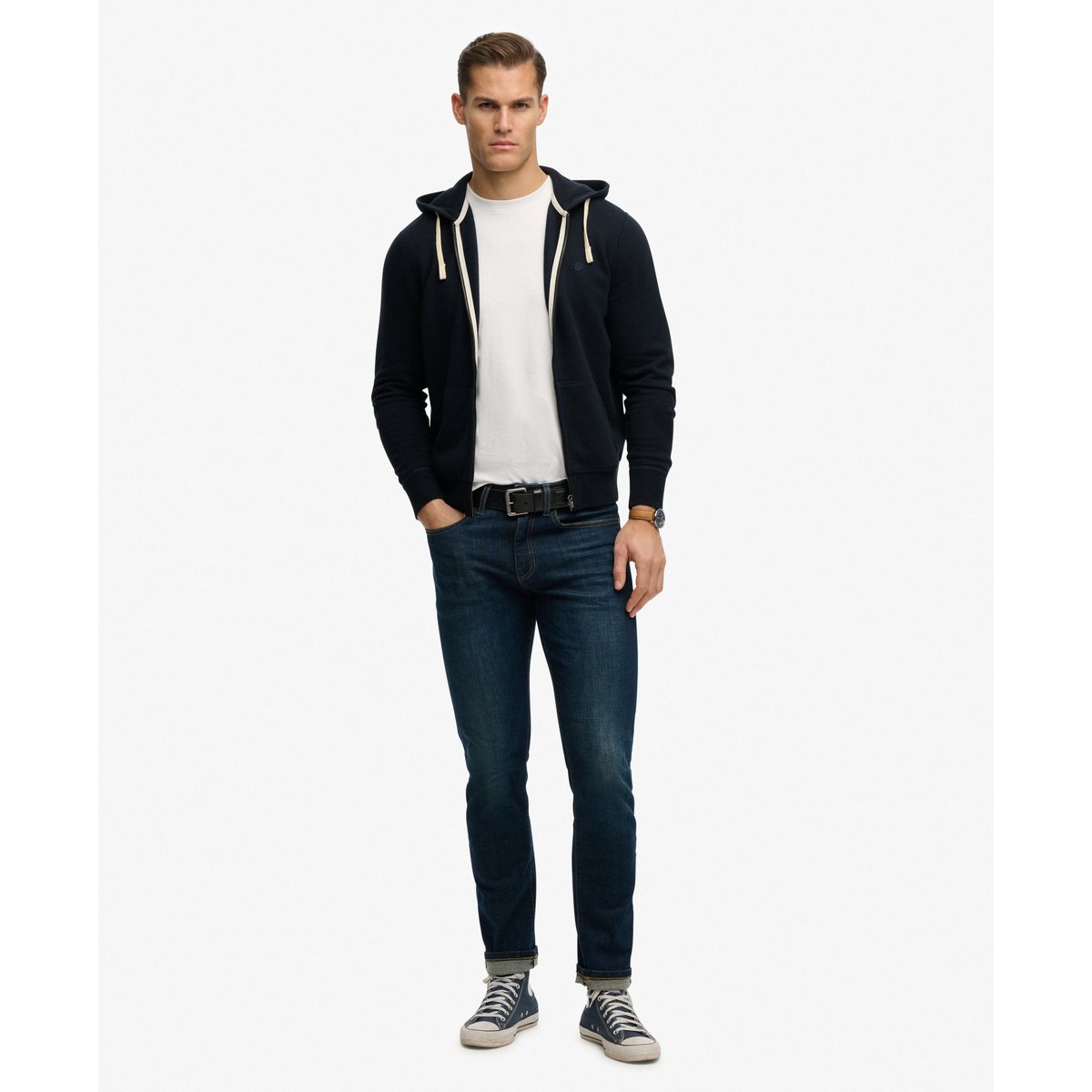 Sweat à capuche zippé Monogram brodé bleu marine foncé, SUPERDRY