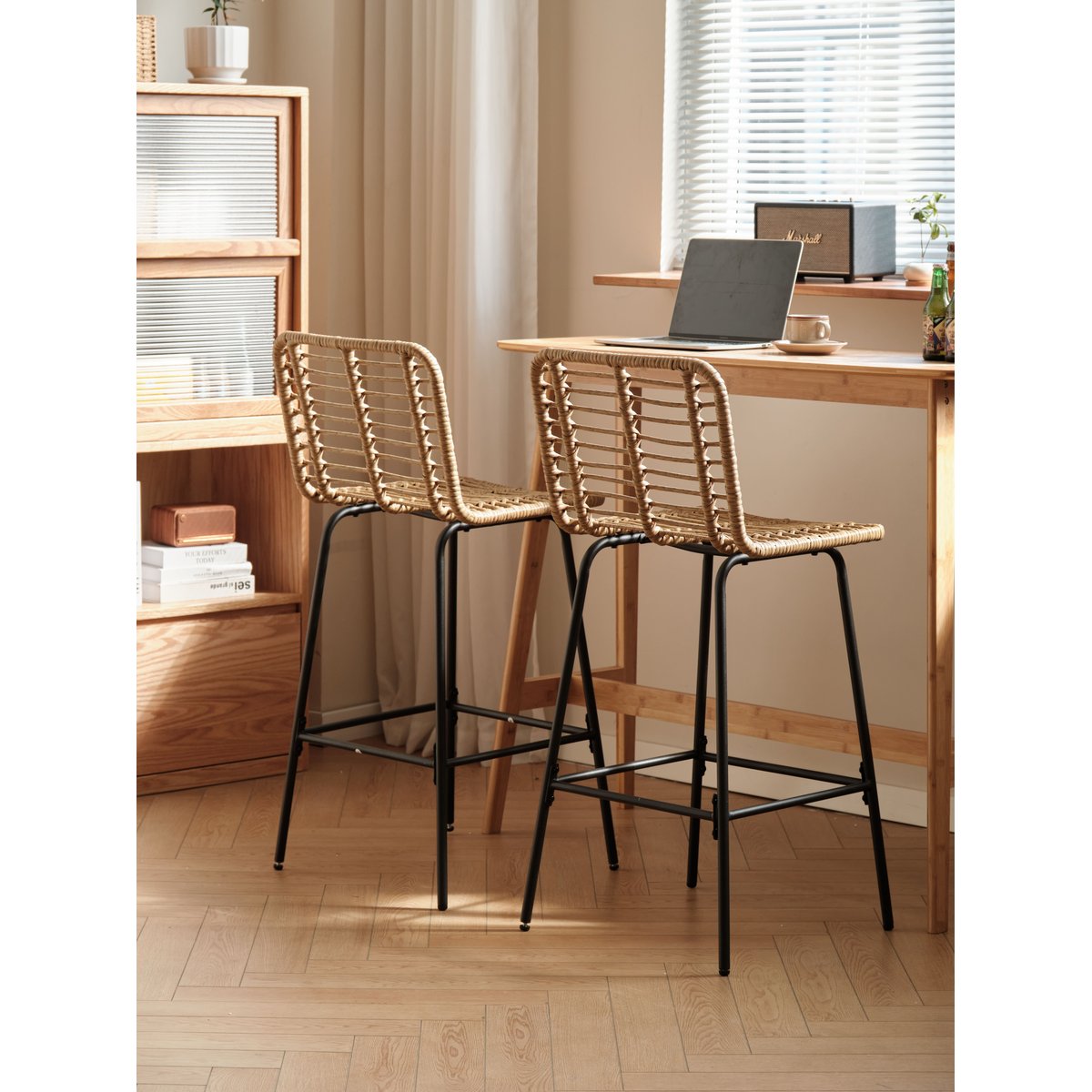 Lot de 2 tabourets de bar en rotin, BANGKOK marron, NORDLYS