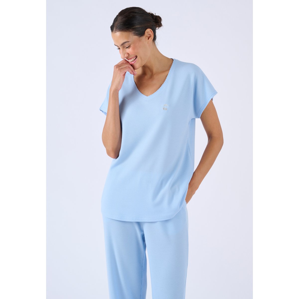 Pyjama 7/8ème en maille gaufrée bleu, DAMART