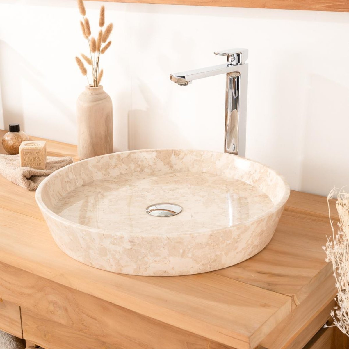 Vasque à poser en marbre ronde 45 cm MALO crème, WANDA COLLECTION