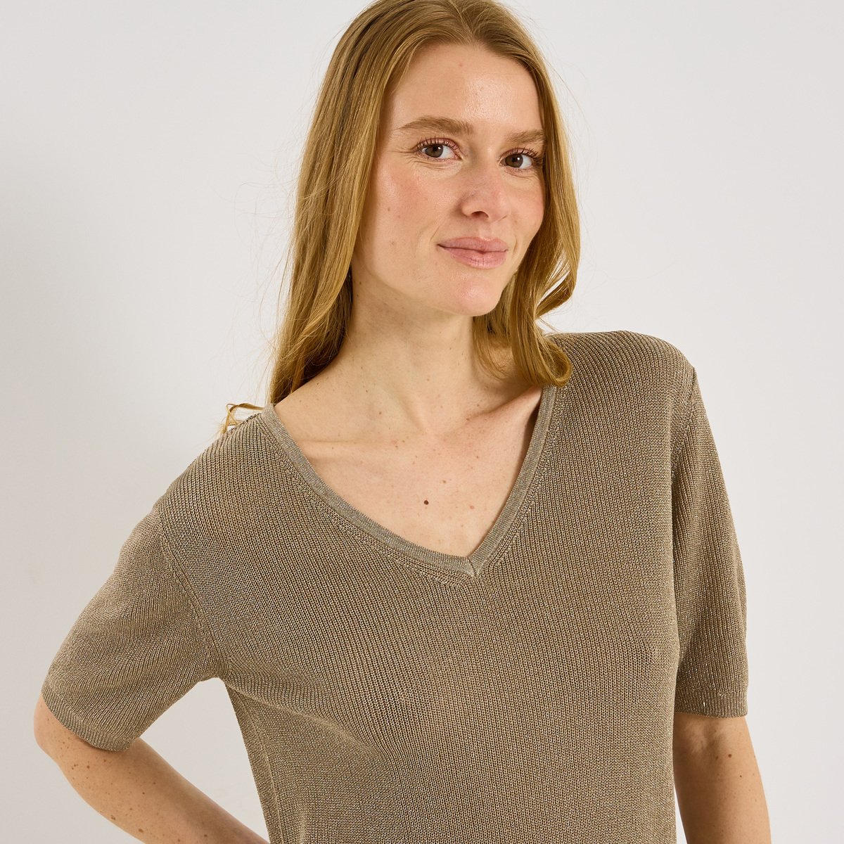 Pull brillant à manches courtes marron moka, GRAIN DE MALICE