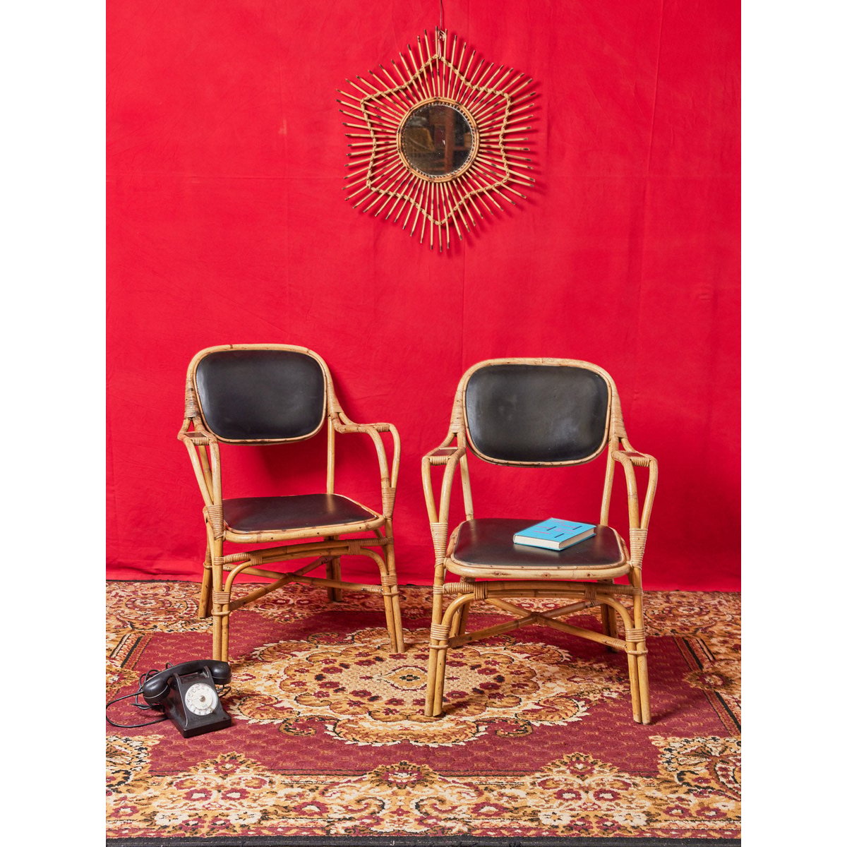 Paire de fauteuils en osier et cuir  Ernest N°711 - Bon état noir, DEBONGOUT